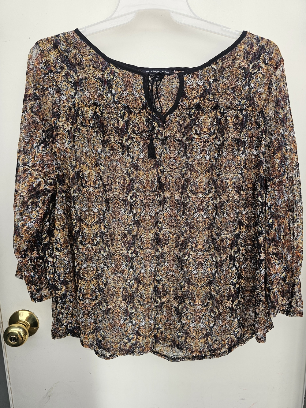Zach & Rachel Black Printed Tie-Neck Blouse